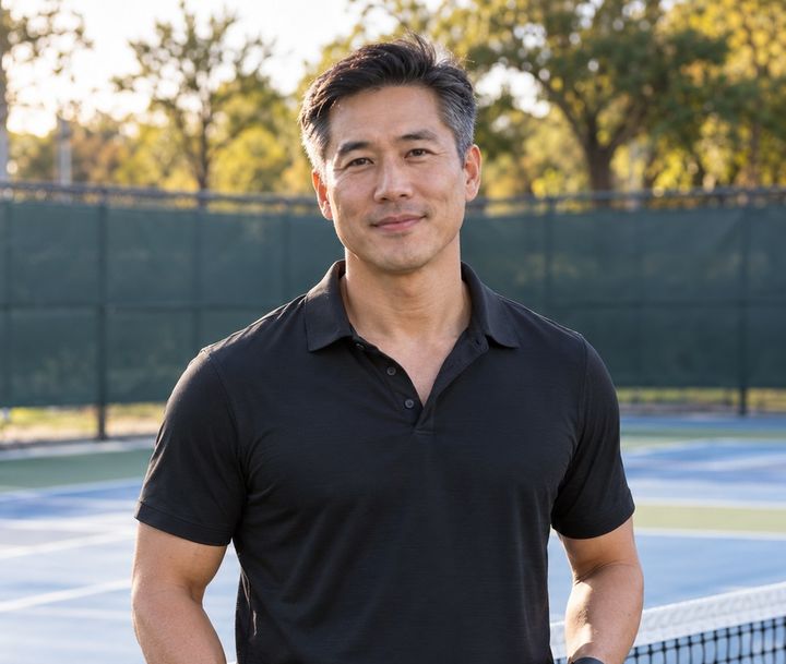 Mike, an example player standing at the net with a paddle